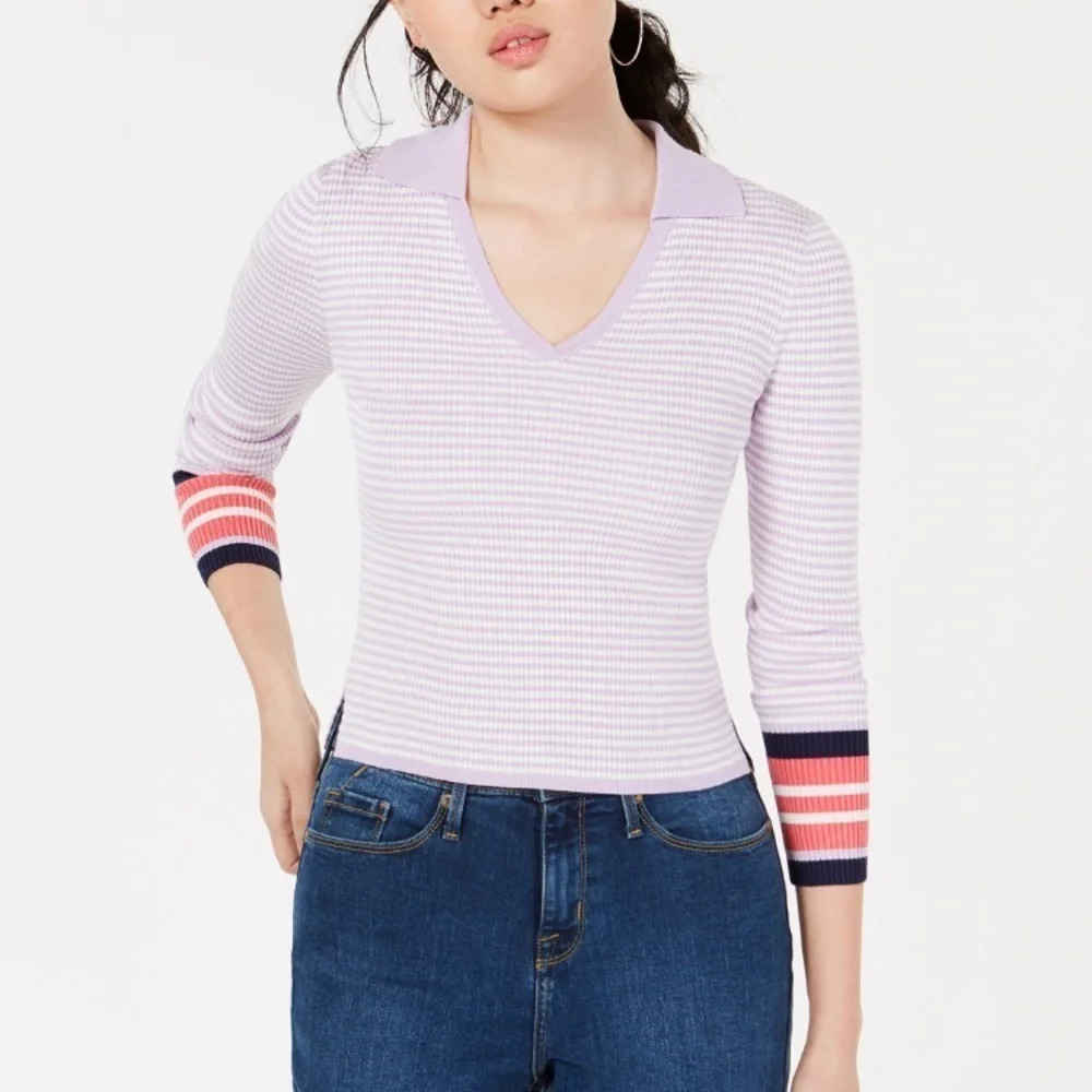 NWT Freshman Juniors’ Large Ribbed Knit Stretchy V-Neck Polo Pullover‎ Sweater